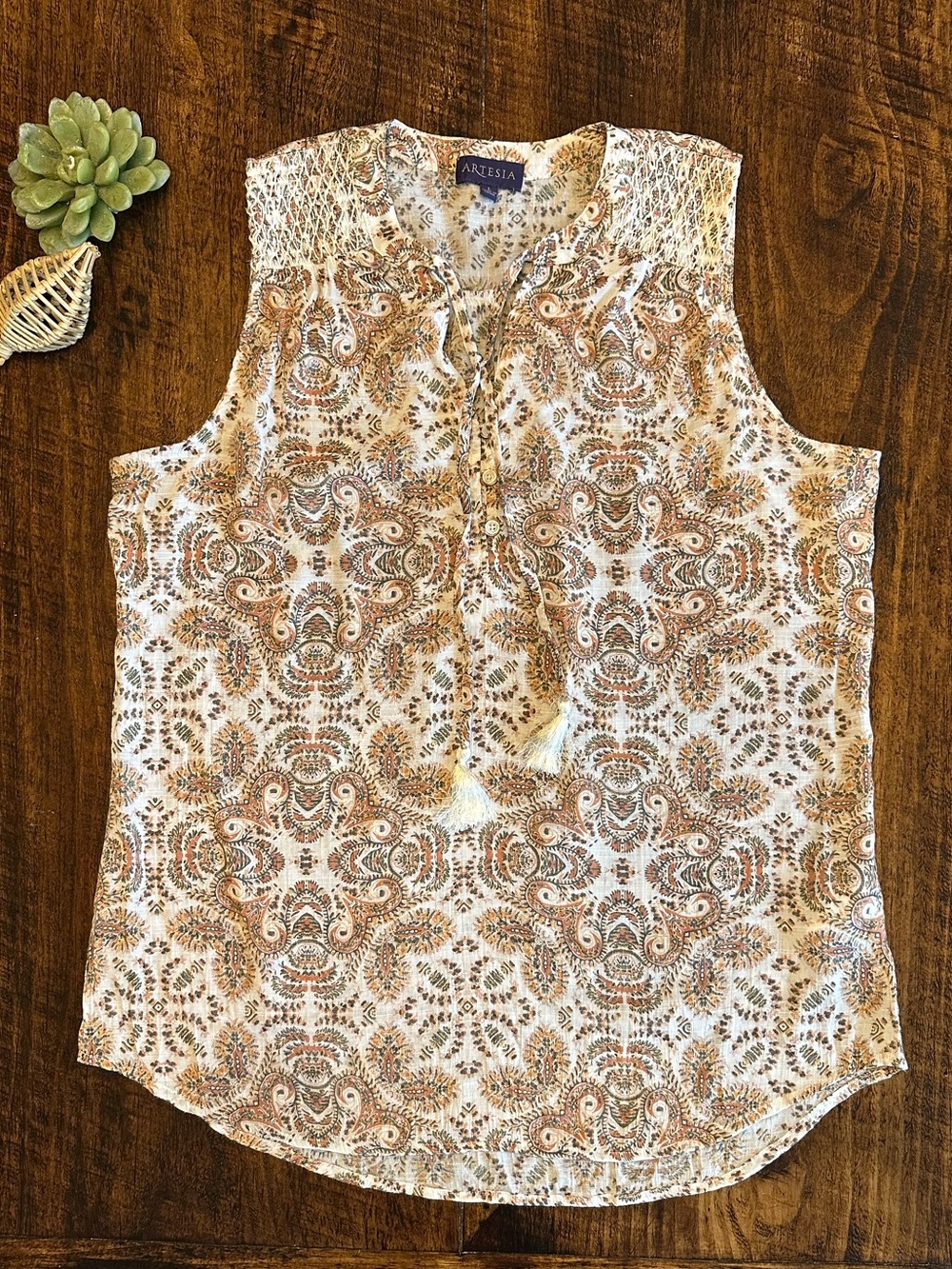 Artesia | Sleeveless Boho Paisley Blouse with Tassels, Size L